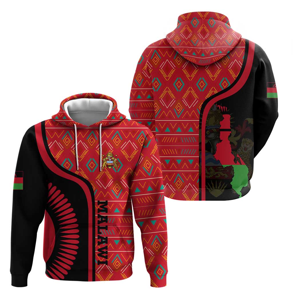 Malawi Patterns Hoodie Blended with Flag Colors & National Emblem - Cultural Fusion Design TS04