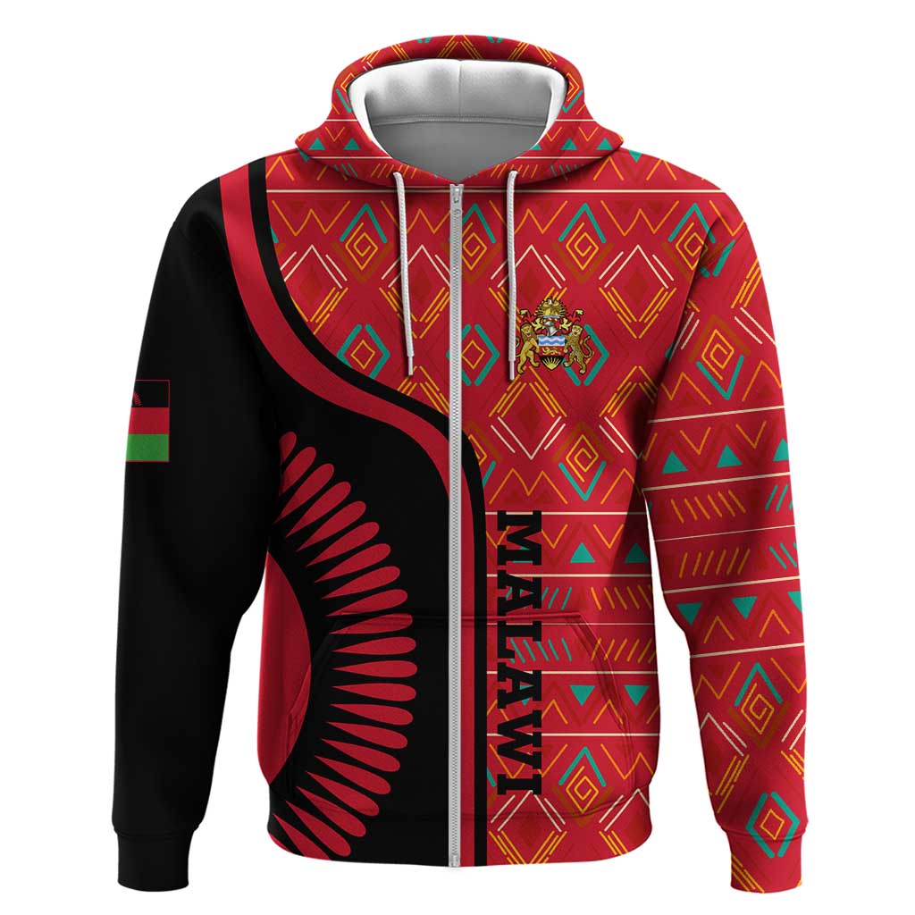Malawi Patterns Hoodie Blended with Flag Colors & National Emblem - Cultural Fusion Design TS04