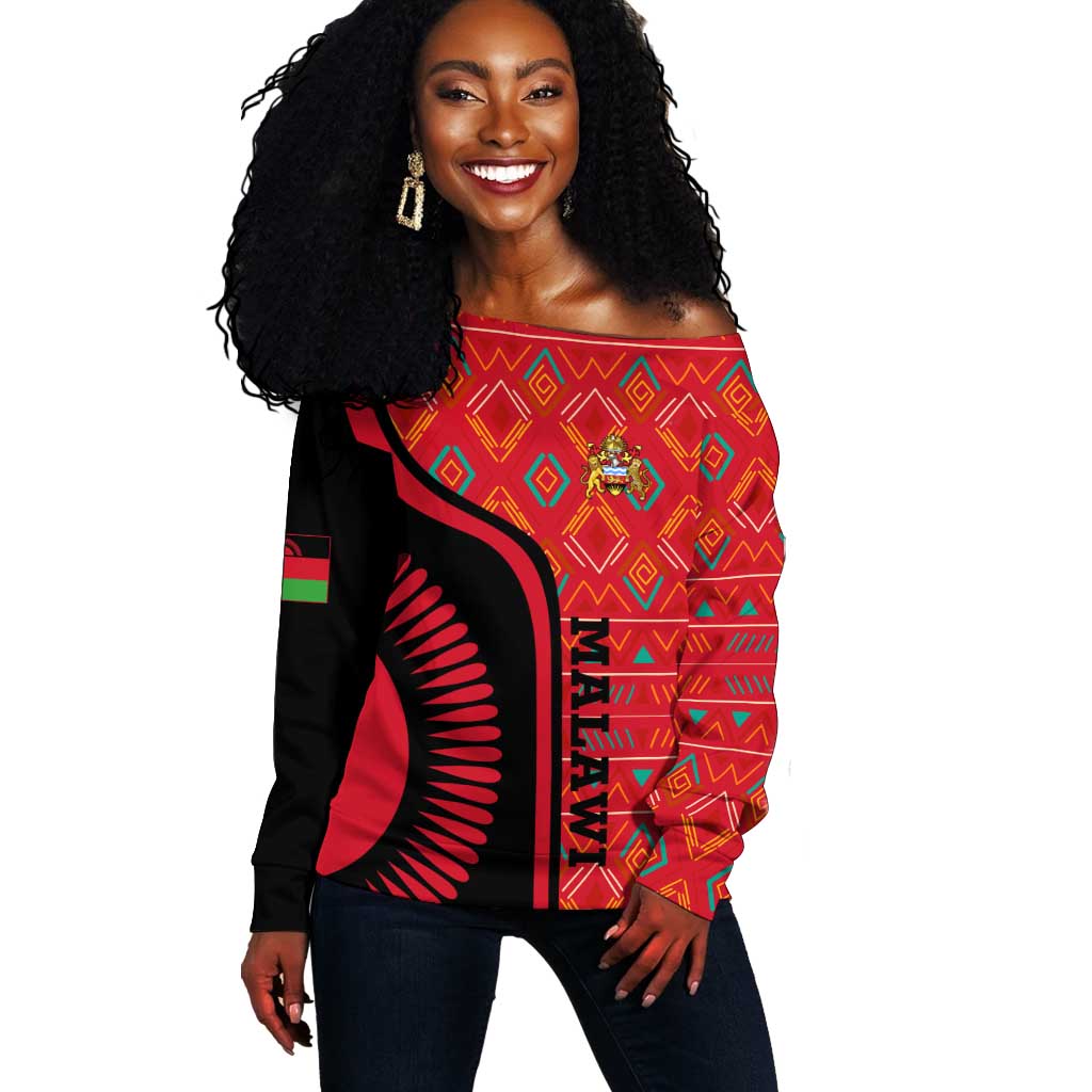 Malawi Patterns African Off Shoulder Sweater Blended with Flag Colors and National Emblem TS04