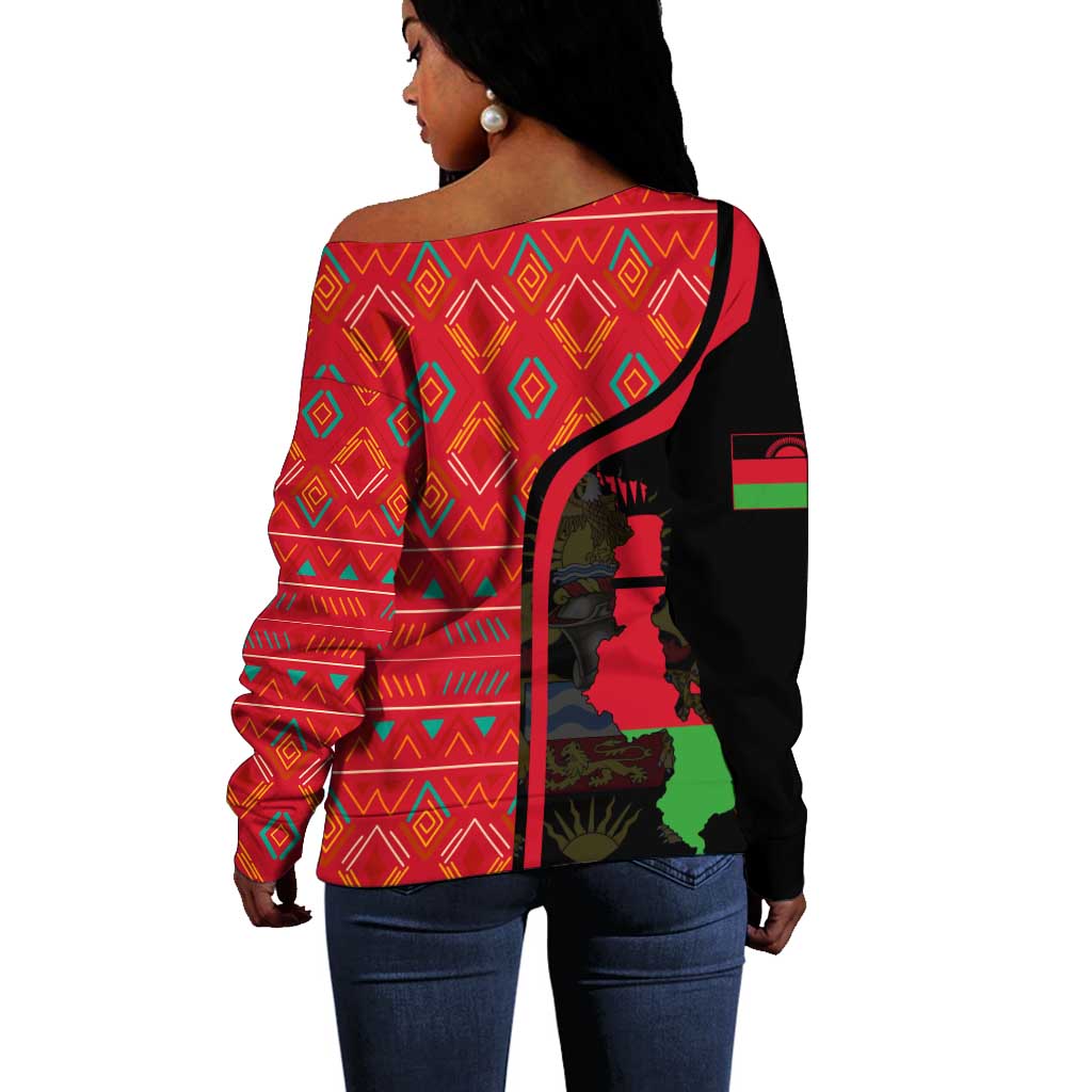 Malawi Patterns African Off Shoulder Sweater Blended with Flag Colors and National Emblem TS04