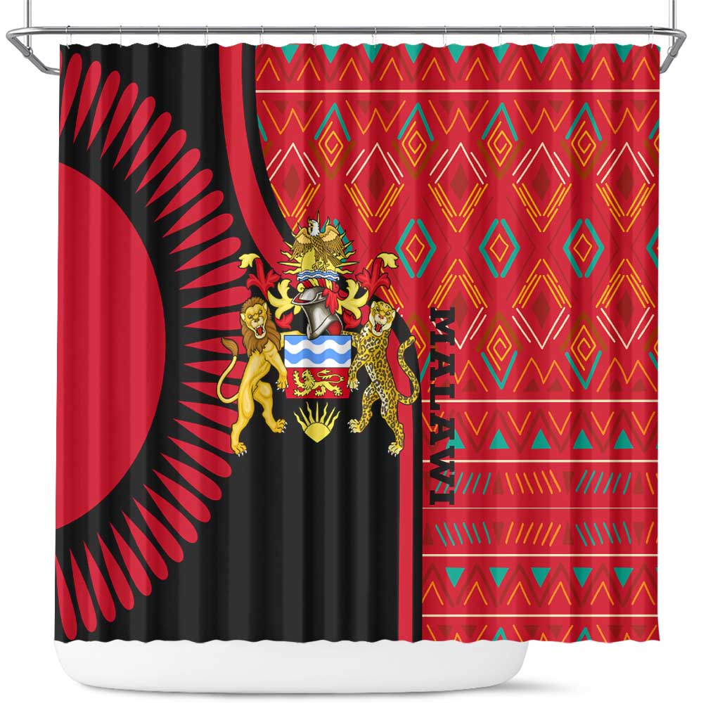 Malawi Patterns Shower Curtain Blended with Flag Colors & National Emblem - Cultural Fusion Design TS04