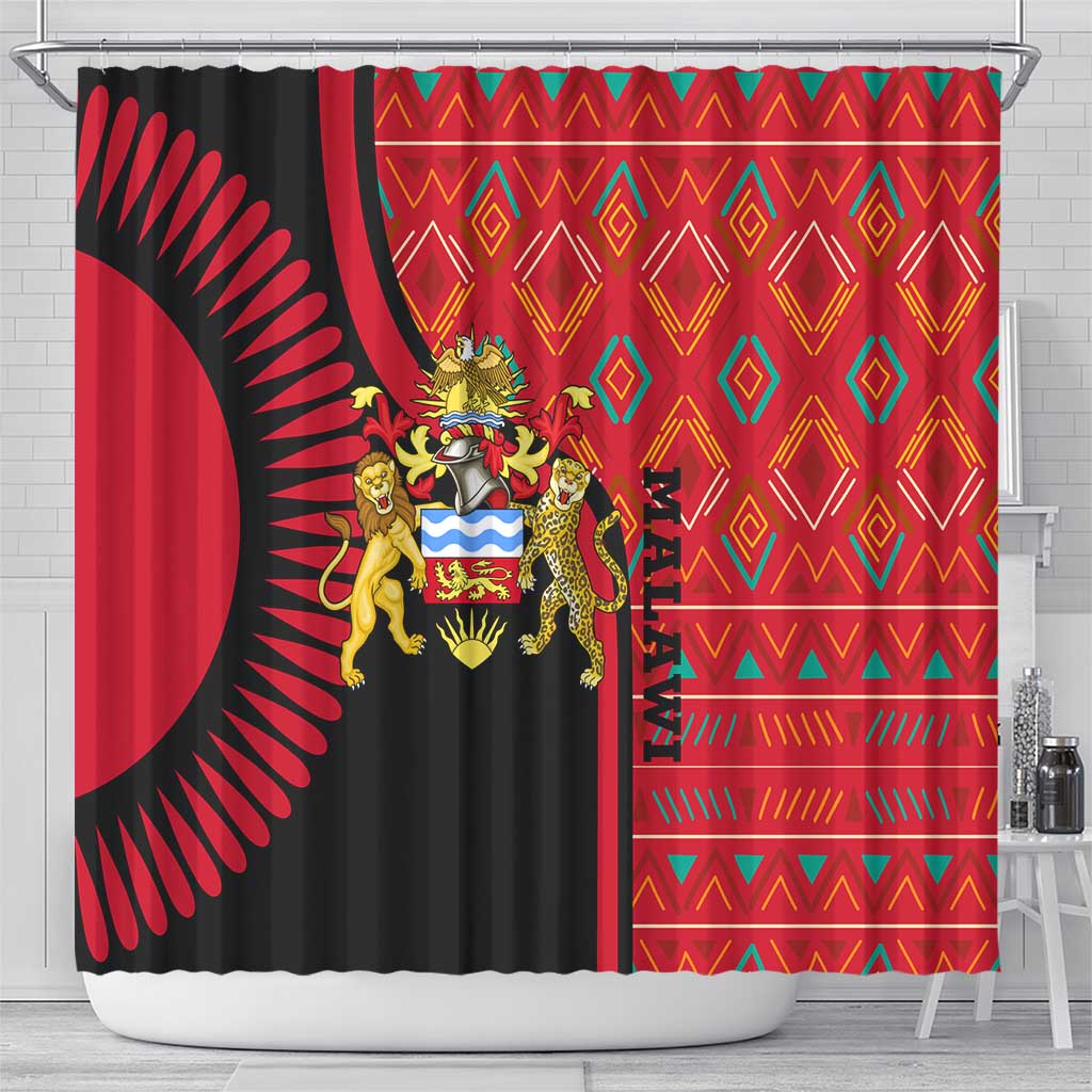 Malawi Patterns Shower Curtain Blended with Flag Colors & National Emblem - Cultural Fusion Design TS04