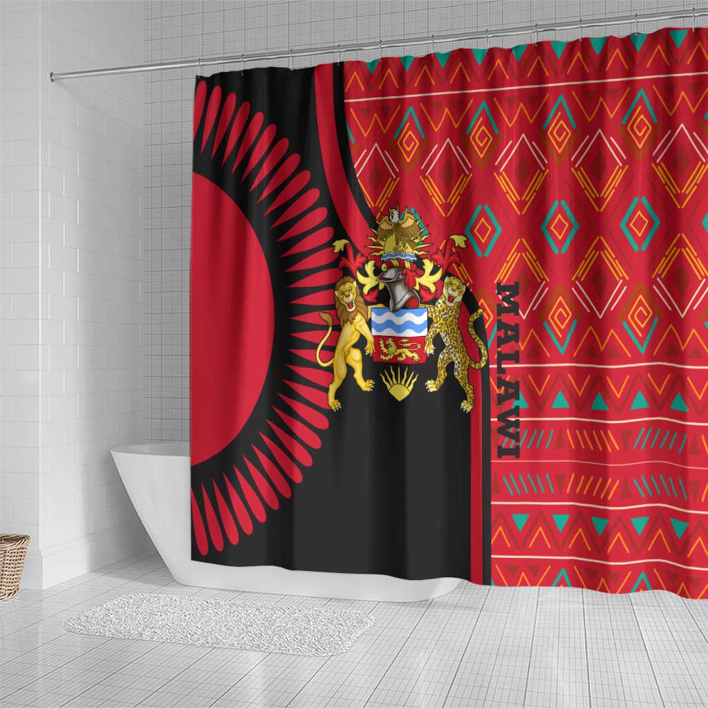 Malawi Patterns Shower Curtain Blended with Flag Colors & National Emblem - Cultural Fusion Design TS04