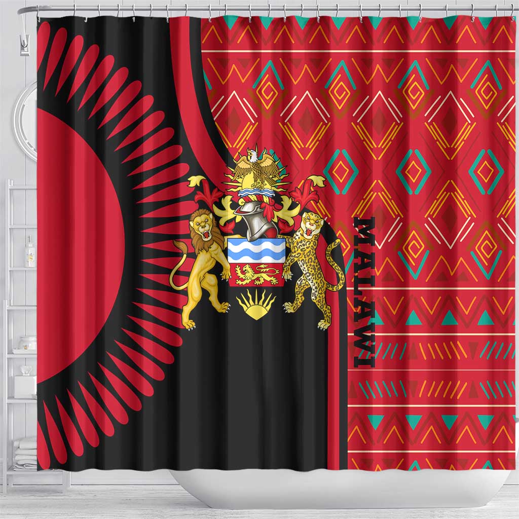 Malawi Patterns Shower Curtain Blended with Flag Colors & National Emblem - Cultural Fusion Design TS04