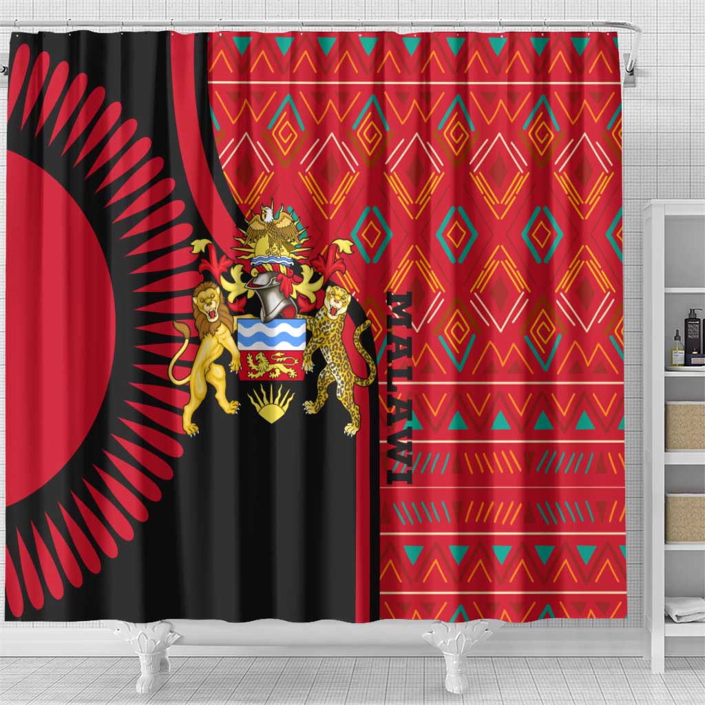 Malawi Patterns Shower Curtain Blended with Flag Colors & National Emblem - Cultural Fusion Design TS04