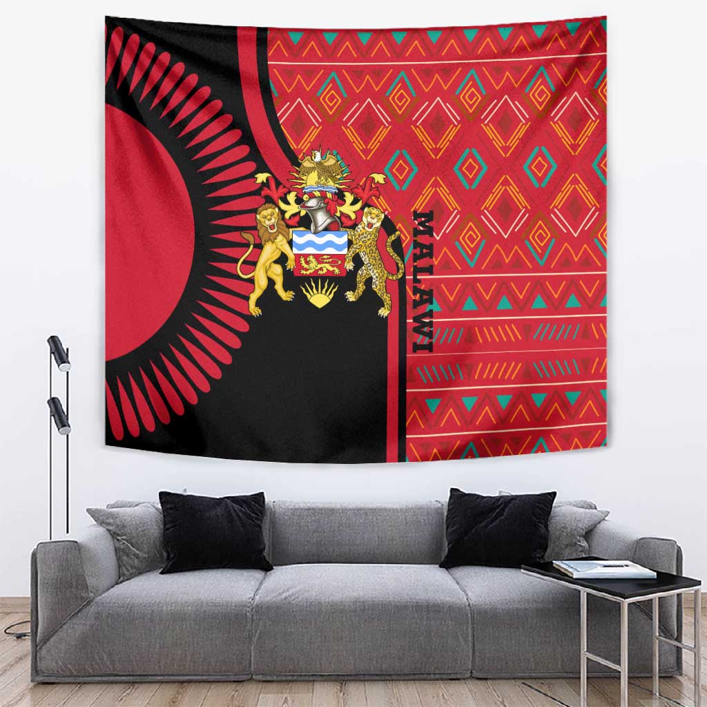 Malawi Patterns African Tapestry Blended with Flag Colors and National Emblem TS04