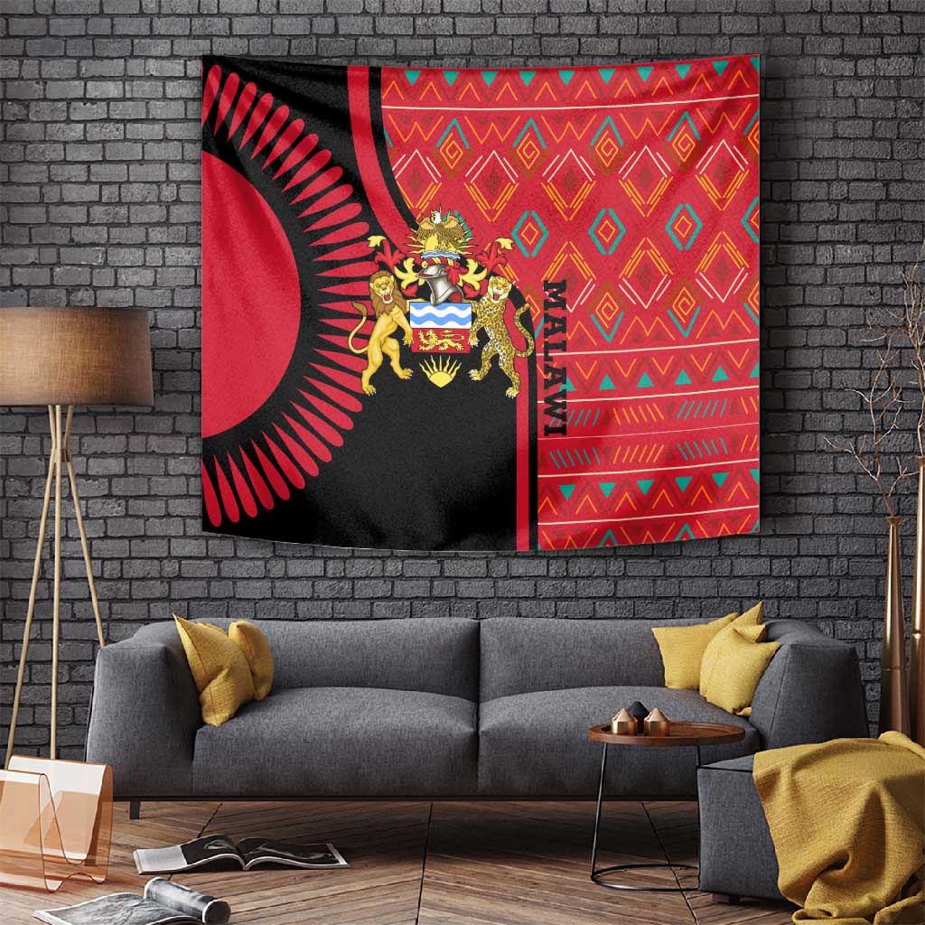 Malawi Patterns African Tapestry Blended with Flag Colors and National Emblem TS04