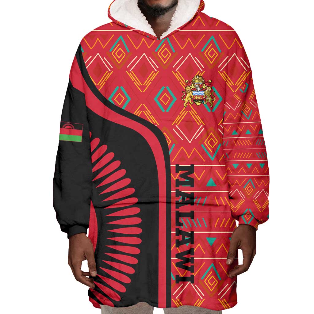 Malawi Patterns African Wearable Blanket Hoodie Blended with Flag Colors and National Emblem TS04