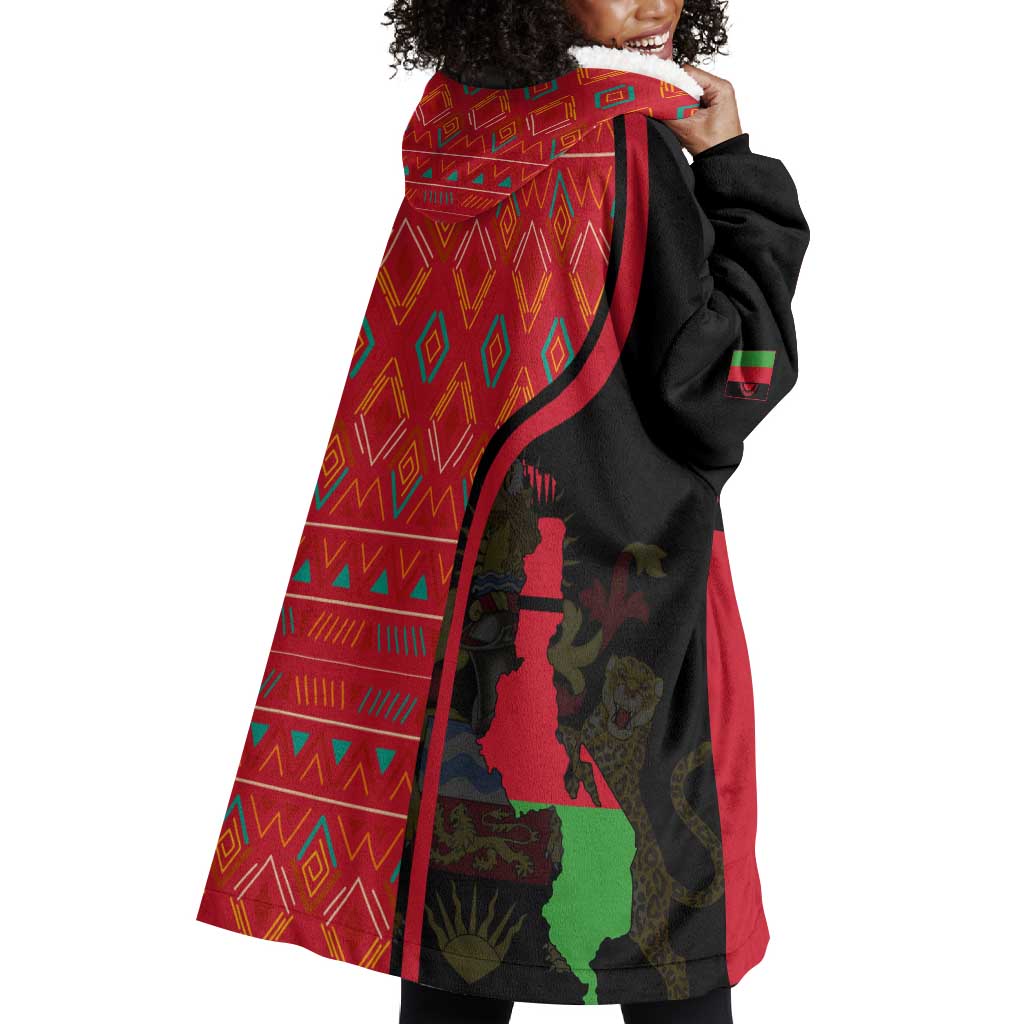 Malawi Patterns African Wearable Blanket Hoodie Blended with Flag Colors and National Emblem TS04