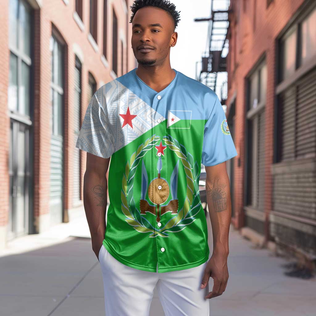 Djibouti Baseball Jersey Flag Tribal Motifs and Red Star Symbol of Unity TS04