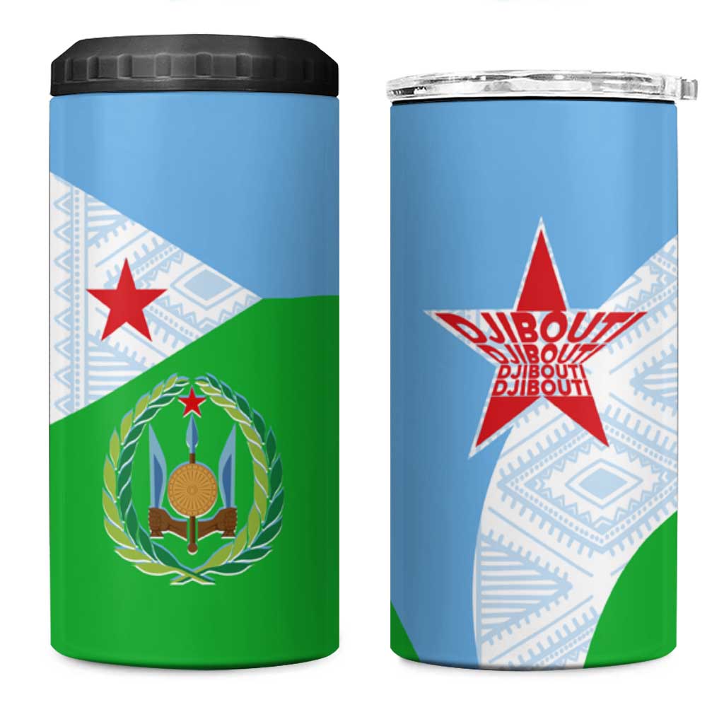 Djibouti 4 in 1 Can Cooler Tumbler Flag Tribal Motifs and Red Star Symbol of Unity TS04