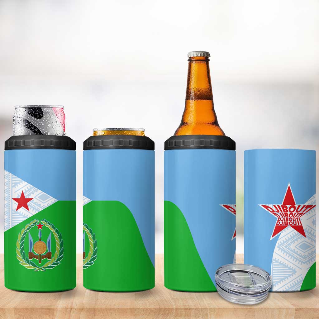 Djibouti 4 in 1 Can Cooler Tumbler Flag Tribal Motifs and Red Star Symbol of Unity TS04