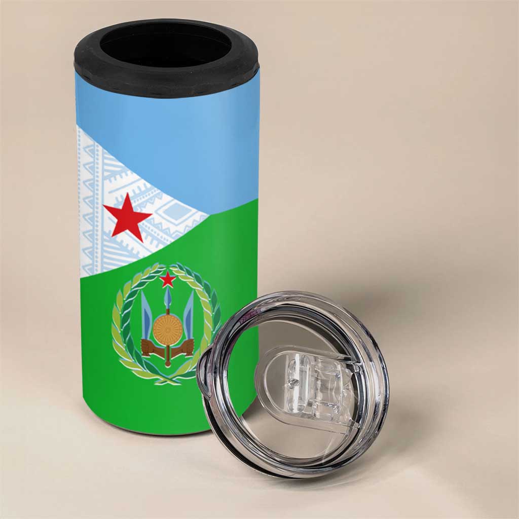 Djibouti 4 in 1 Can Cooler Tumbler Flag Tribal Motifs and Red Star Symbol of Unity TS04