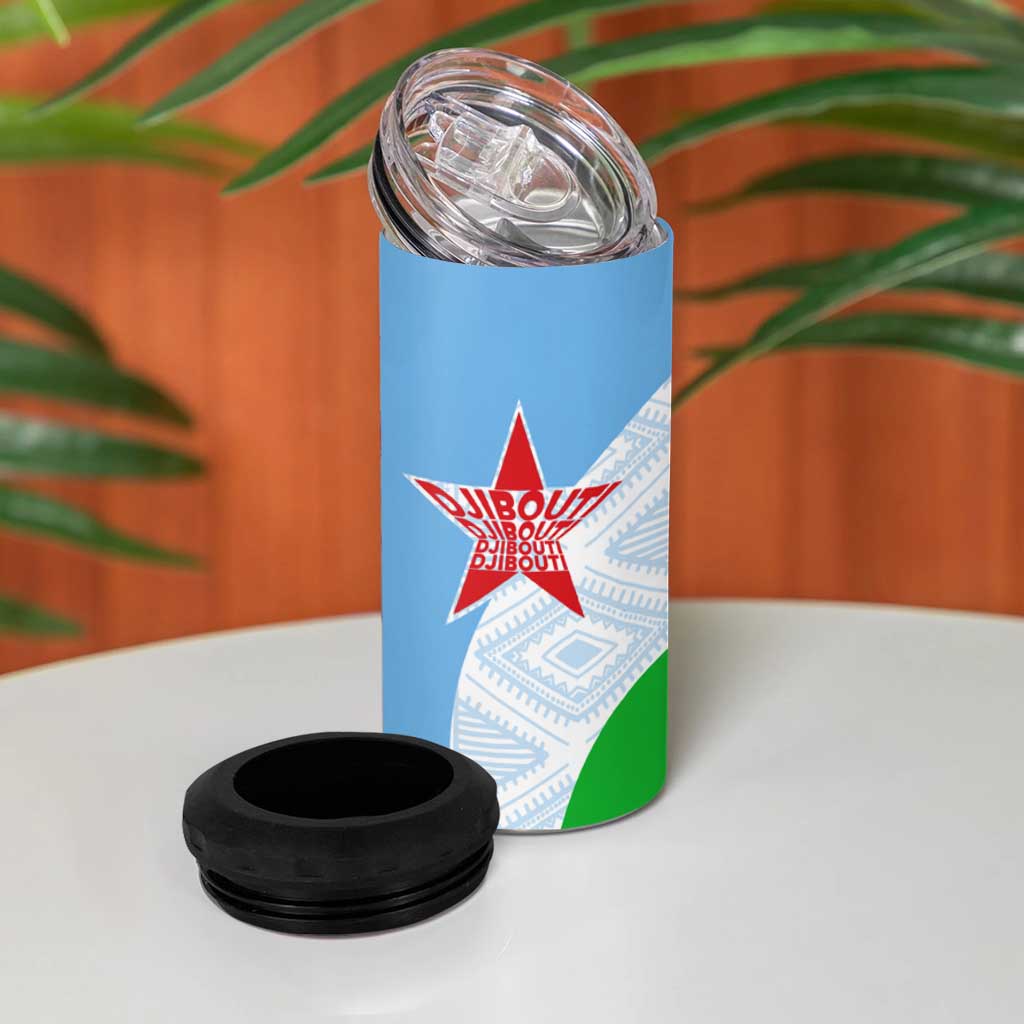 Djibouti 4 in 1 Can Cooler Tumbler Flag Tribal Motifs and Red Star Symbol of Unity TS04