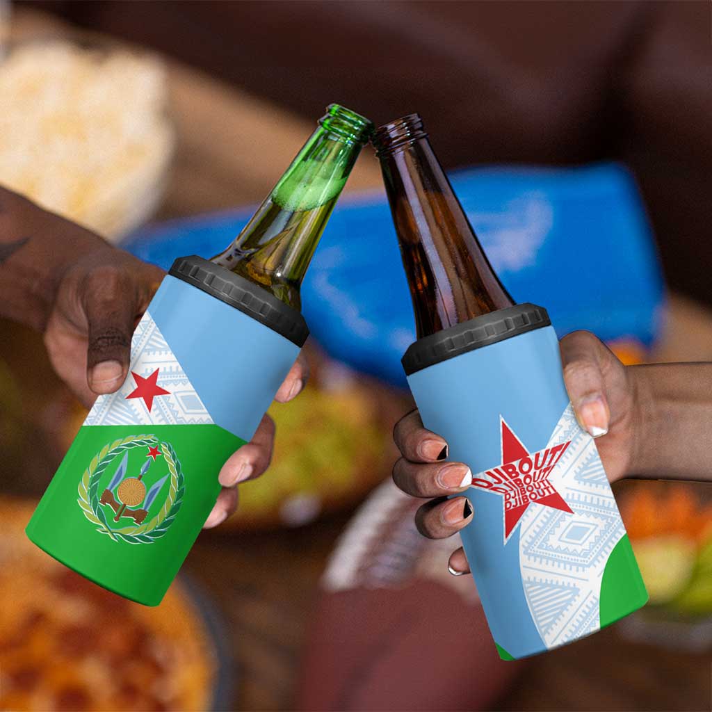Djibouti 4 in 1 Can Cooler Tumbler Flag Tribal Motifs and Red Star Symbol of Unity TS04