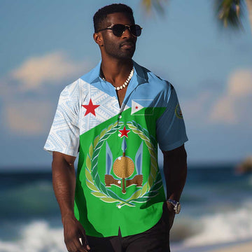 Djibouti Hawaiian Shirt Flag Tribal Motifs and Red Star Symbol of Unity TS04