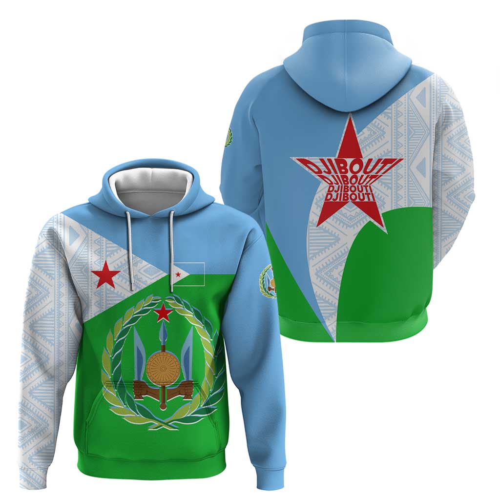Djibouti Cultural Hoodie National Emblem, Tribal Motifs and Red Star Symbol of Unity TS04