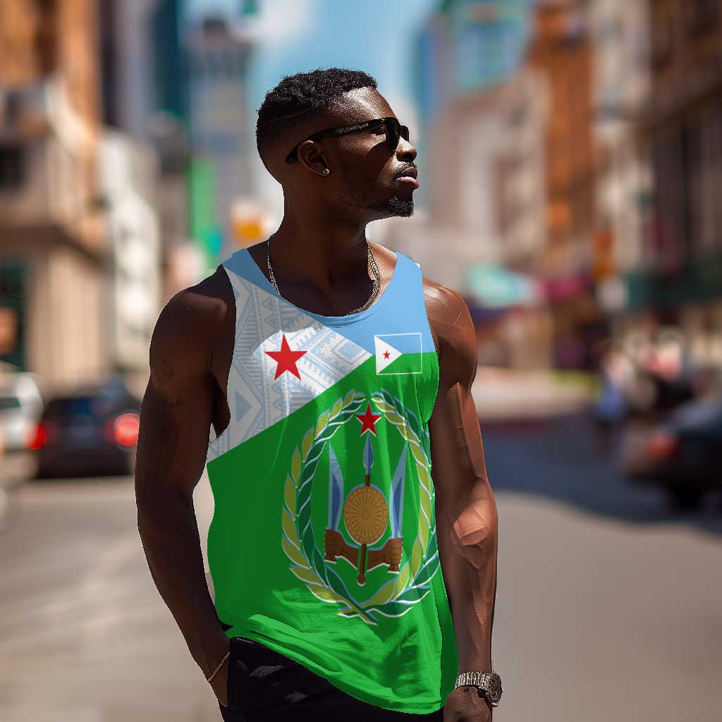 Djibouti Men Tank Top Flag Tribal Motifs and Red Star Symbol of Unity TS04