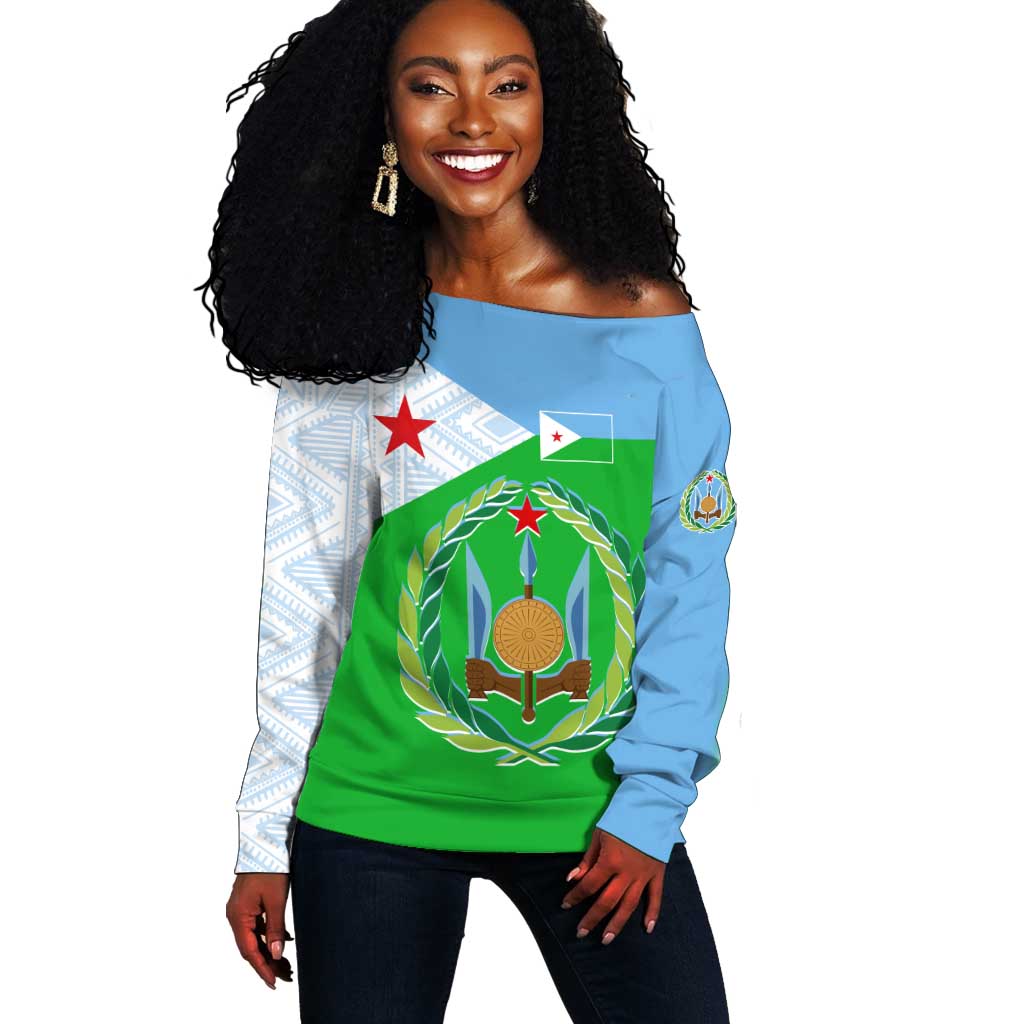 Djibouti Off Shoulder Sweater Flag Tribal Motifs and Red Star Symbol of Unity TS04