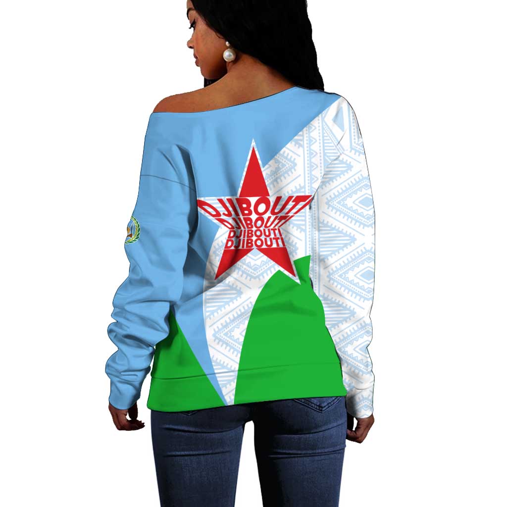 Djibouti Off Shoulder Sweater Flag Tribal Motifs and Red Star Symbol of Unity TS04