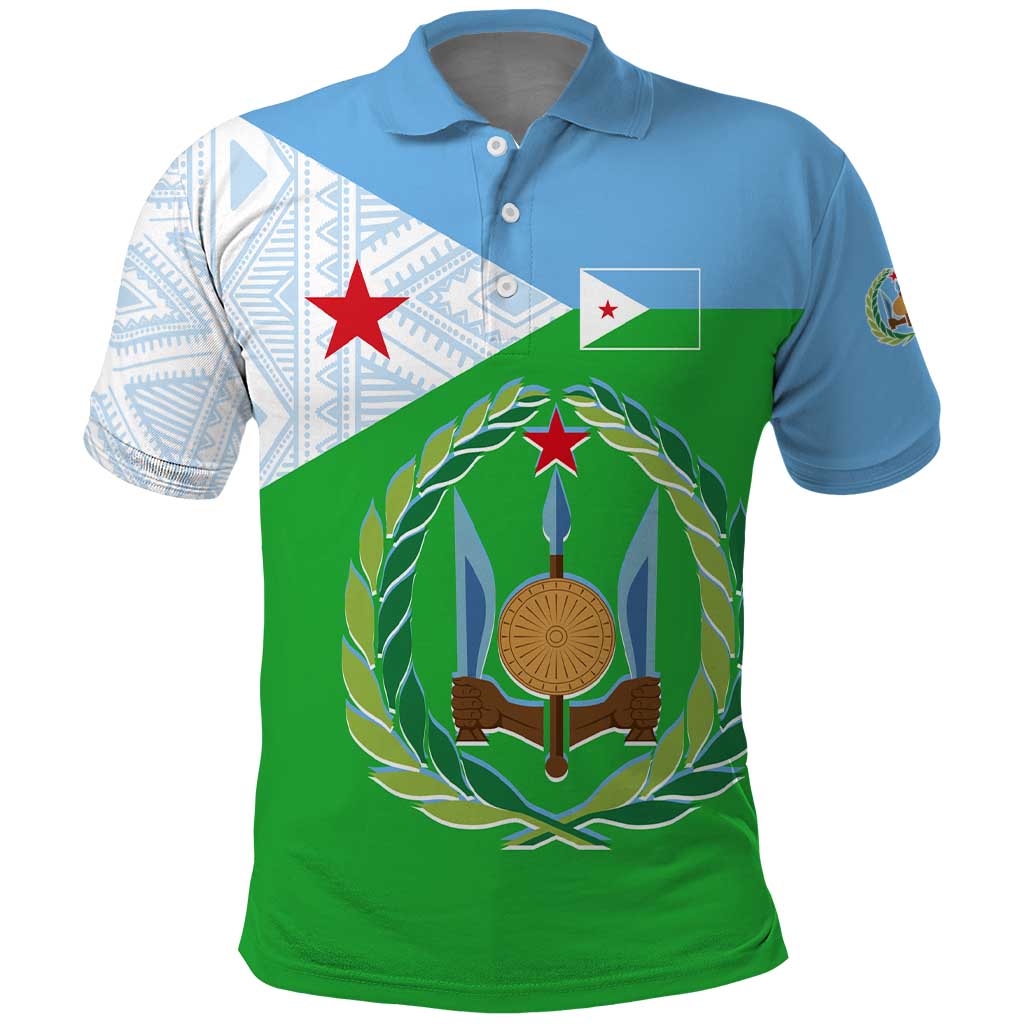 Djibouti Cultural Polo Shirt National Emblem, Tribal Motifs and Red Star Symbol of Unity TS04