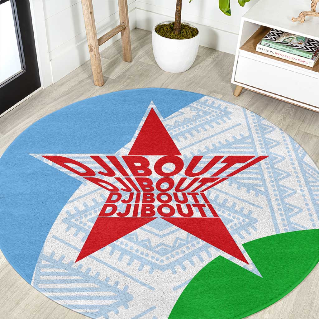 Djibouti Round Carpet Flag Tribal Motifs and Red Star Symbol of Unity TS04