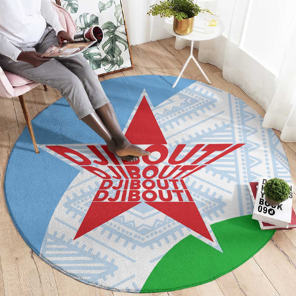 Djibouti Round Carpet Flag Tribal Motifs and Red Star Symbol of Unity TS04