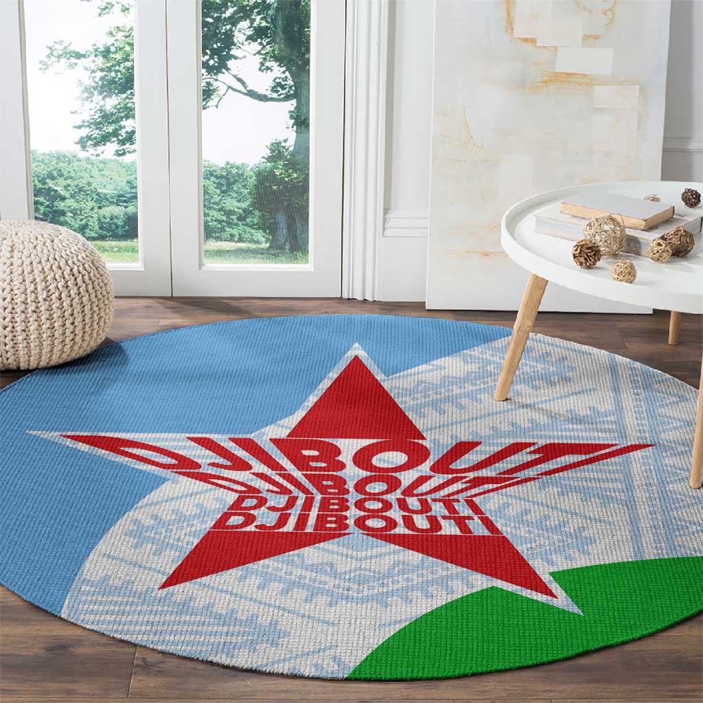 Djibouti Round Carpet Flag Tribal Motifs and Red Star Symbol of Unity TS04