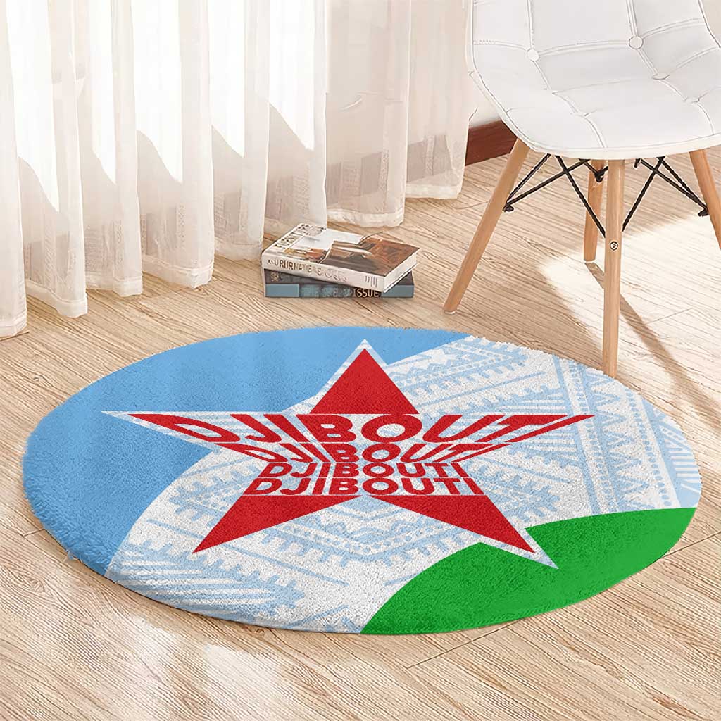 Djibouti Round Carpet Flag Tribal Motifs and Red Star Symbol of Unity TS04