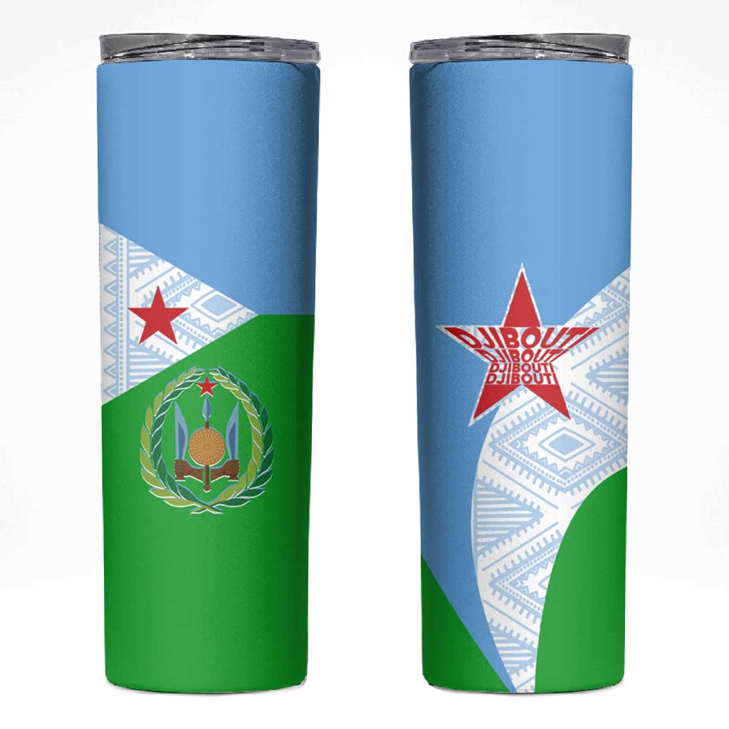 Djibouti Skinny Tumbler Flag Tribal Motifs and Red Star Symbol of Unity TS04