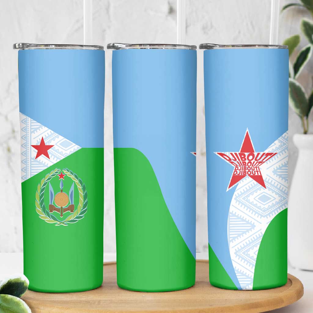 Djibouti Skinny Tumbler Flag Tribal Motifs and Red Star Symbol of Unity TS04