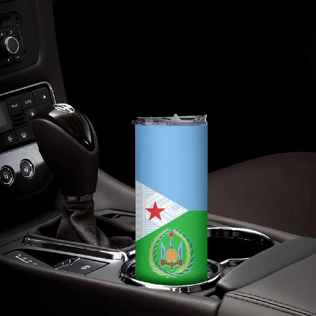 Djibouti Skinny Tumbler Flag Tribal Motifs and Red Star Symbol of Unity TS04