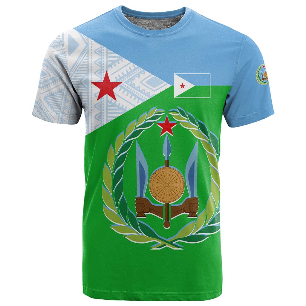 Djibouti T shirt Flag Tribal Motifs and Red Star Symbol of Unity TS04