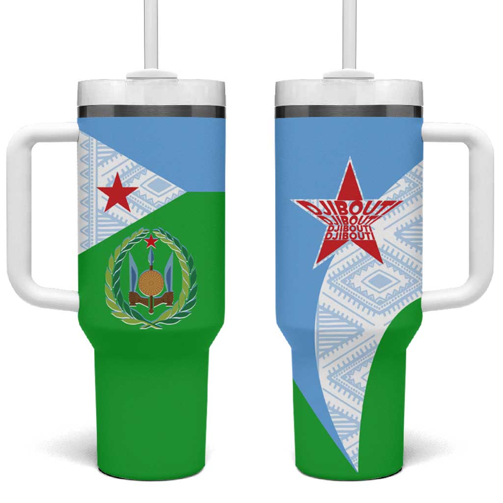 Djibouti Tumbler With Handle Flag Tribal Motifs and Red Star Symbol of Unity TS04