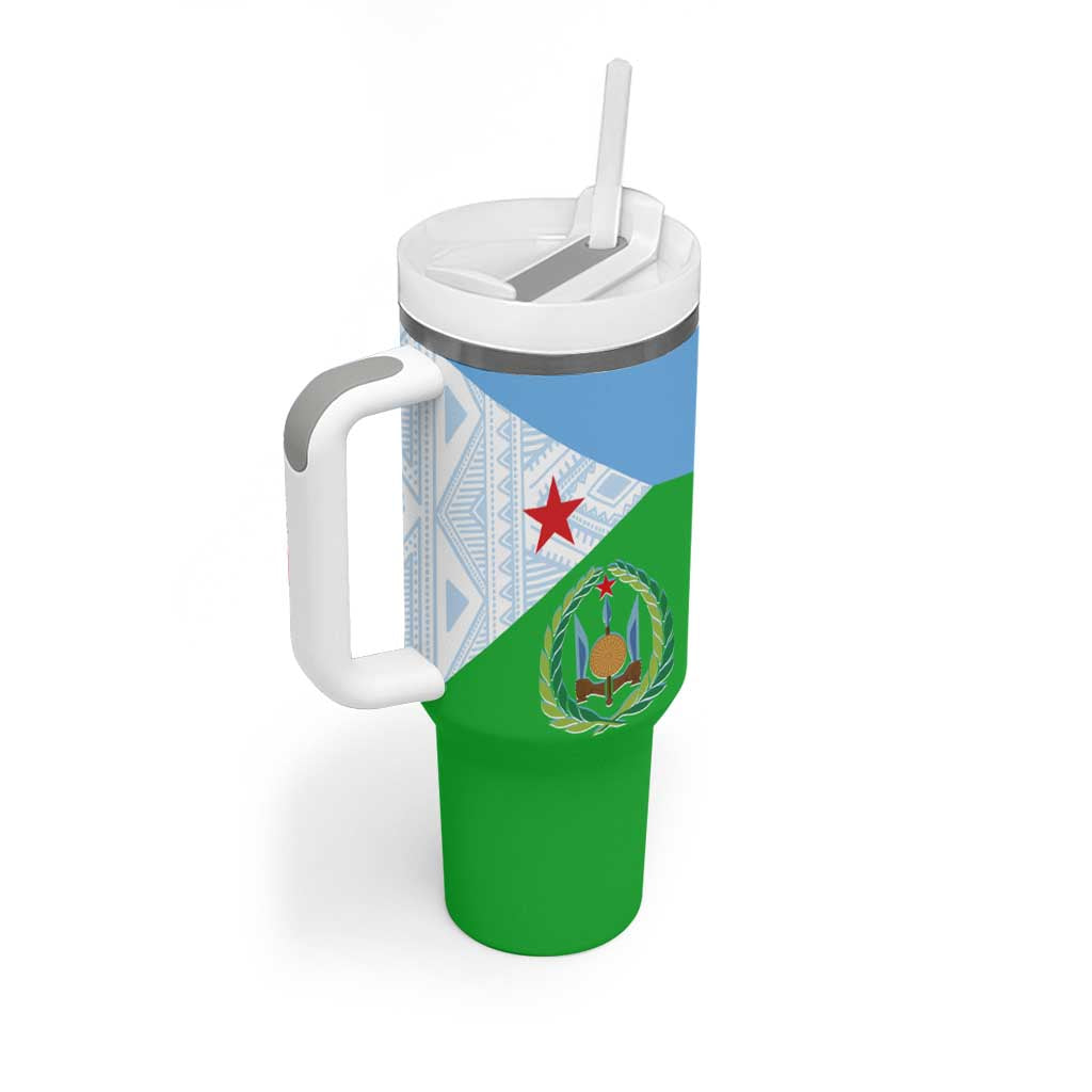 Djibouti Tumbler With Handle Flag Tribal Motifs and Red Star Symbol of Unity TS04