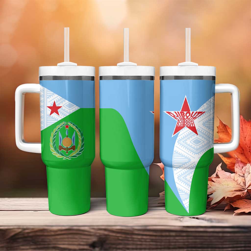 Djibouti Tumbler With Handle Flag Tribal Motifs and Red Star Symbol of Unity TS04
