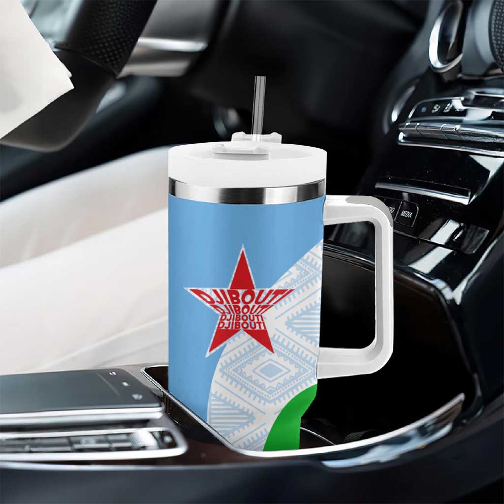 Djibouti Tumbler With Handle Flag Tribal Motifs and Red Star Symbol of Unity TS04