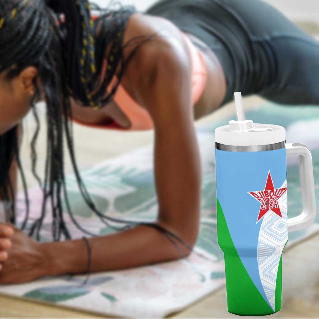 Djibouti Tumbler With Handle Flag Tribal Motifs and Red Star Symbol of Unity TS04
