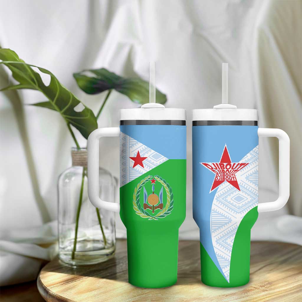 Djibouti Tumbler With Handle Flag Tribal Motifs and Red Star Symbol of Unity TS04