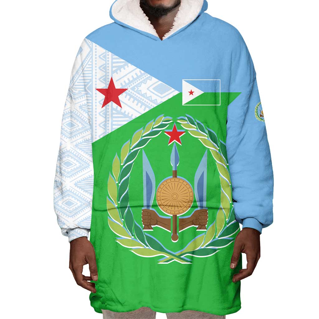 Djibouti Wearable Blanket Hoodie Flag Tribal Motifs and Red Star Symbol of Unity TS04
