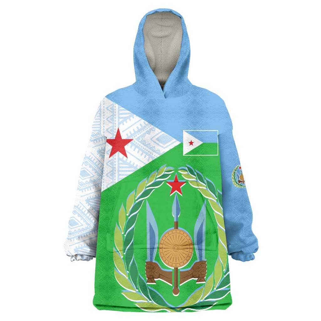 Djibouti Wearable Blanket Hoodie Flag Tribal Motifs and Red Star Symbol of Unity TS04