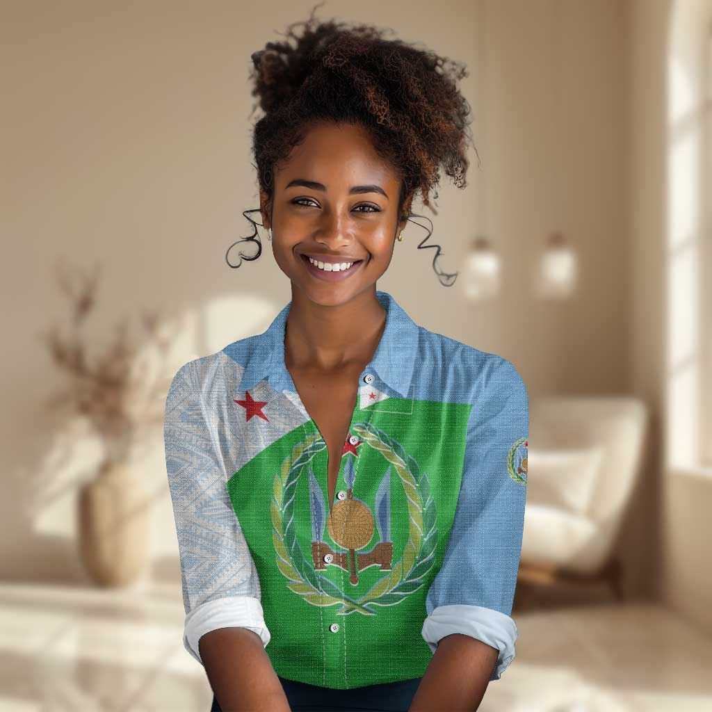 Djibouti Women Casual Shirt Flag Tribal Motifs and Red Star Symbol of Unity TS04