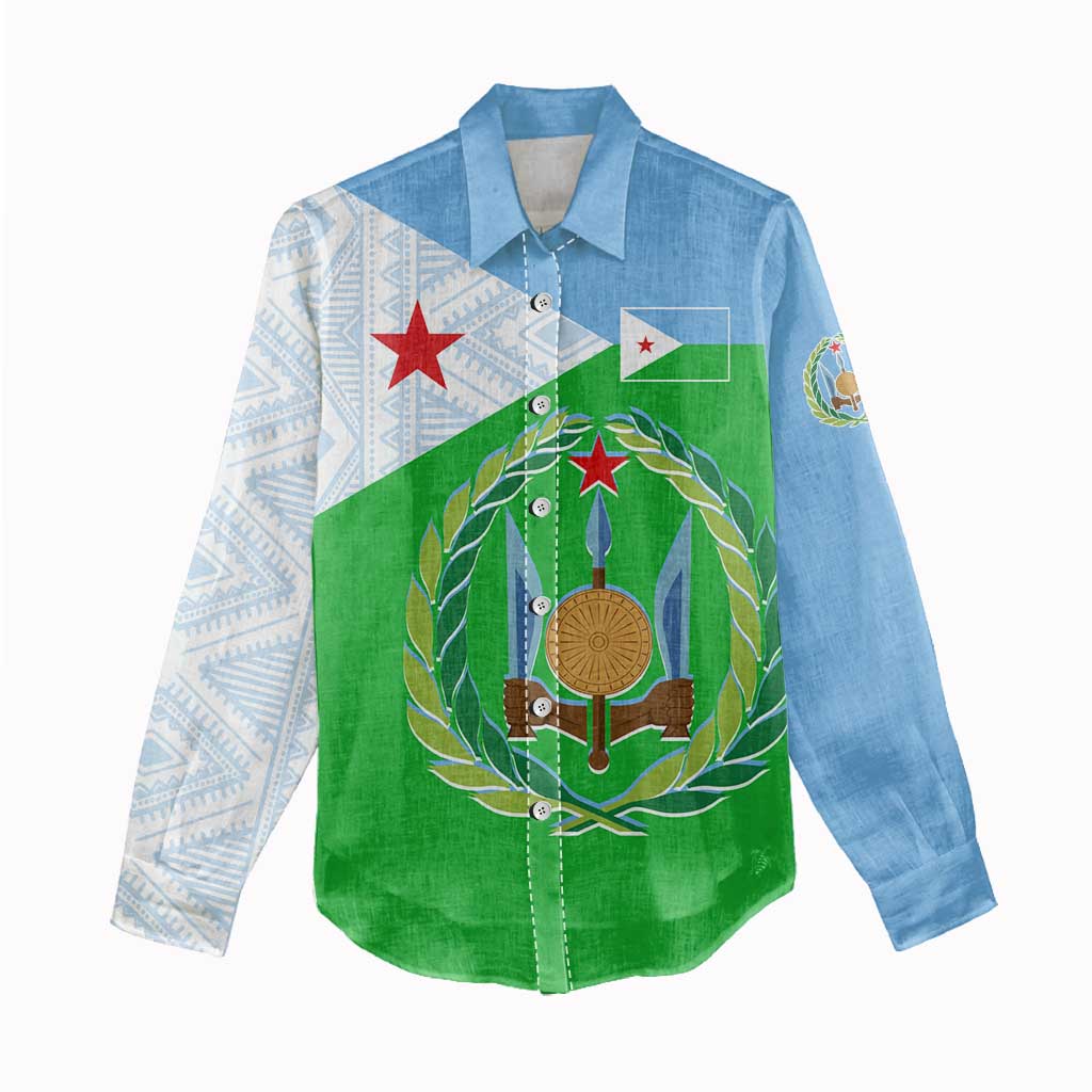 Djibouti Women Casual Shirt Flag Tribal Motifs and Red Star Symbol of Unity TS04