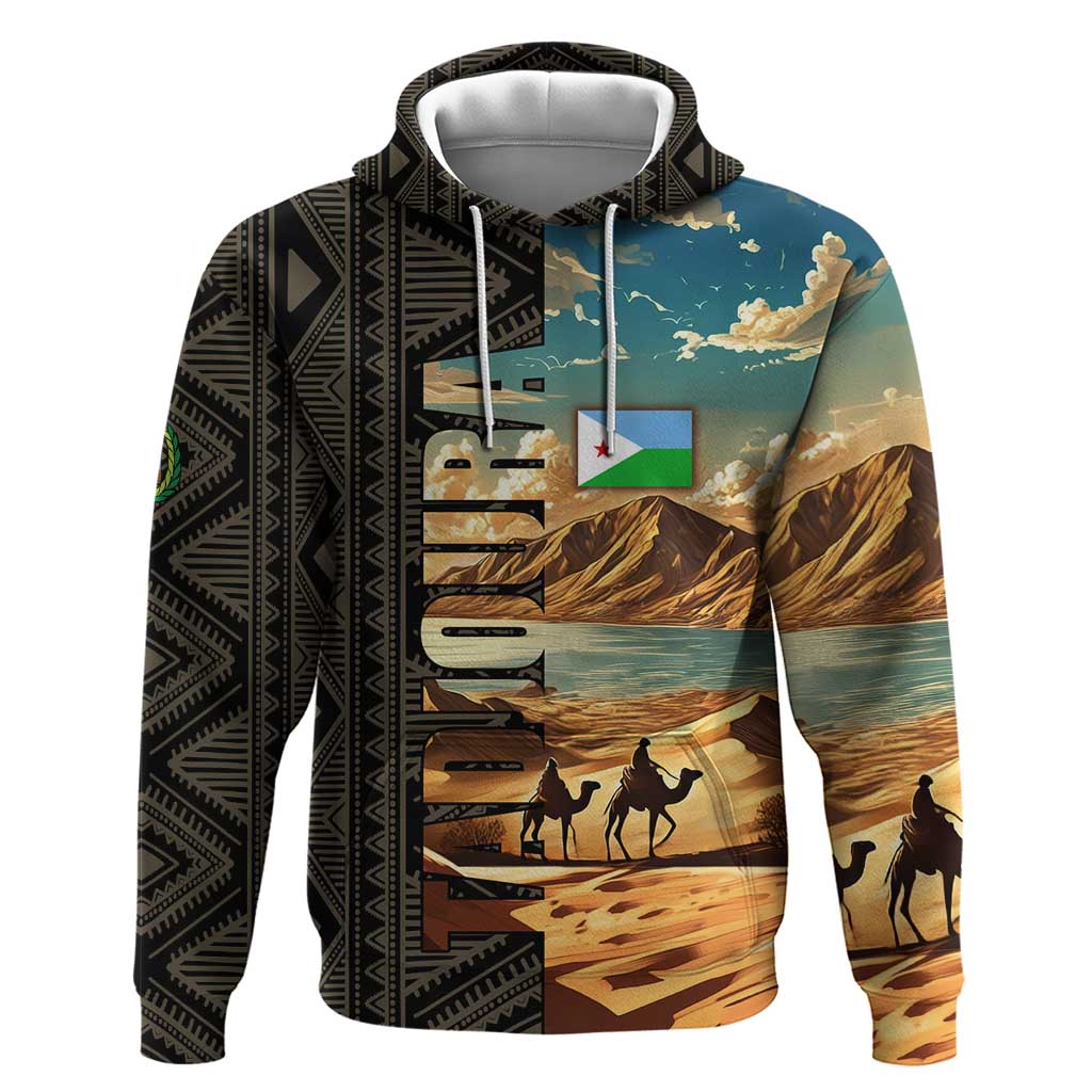 Djibouti Desert Landscape Tadjoura Hoodie with Camel Riders and Tribal Pattern Design TS04