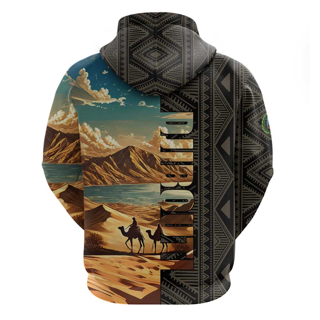 Djibouti Desert Landscape Tadjoura Hoodie with Camel Riders and Tribal Pattern Design TS04