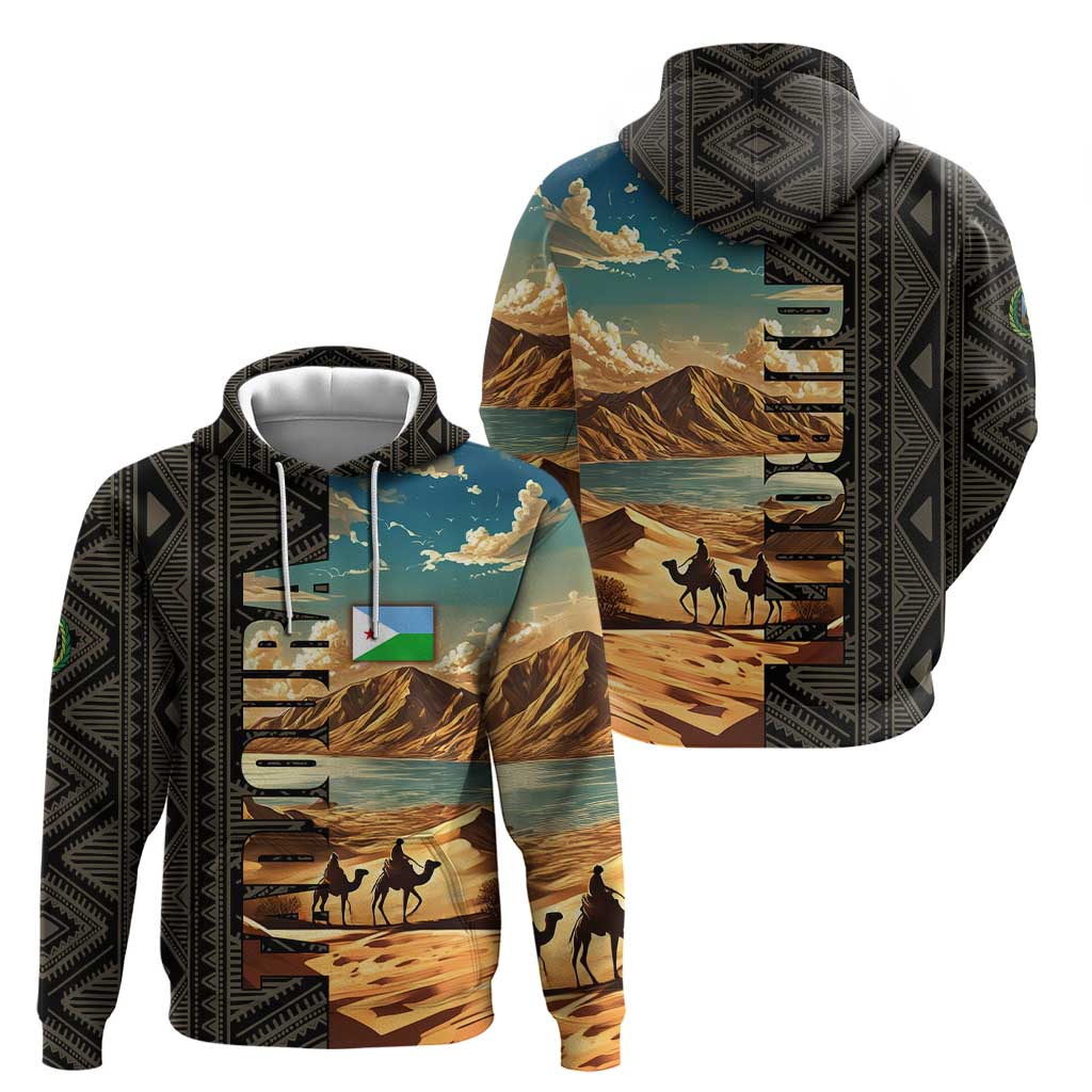 Djibouti Desert Landscape Tadjoura Hoodie with Camel Riders and Tribal Pattern Design TS04