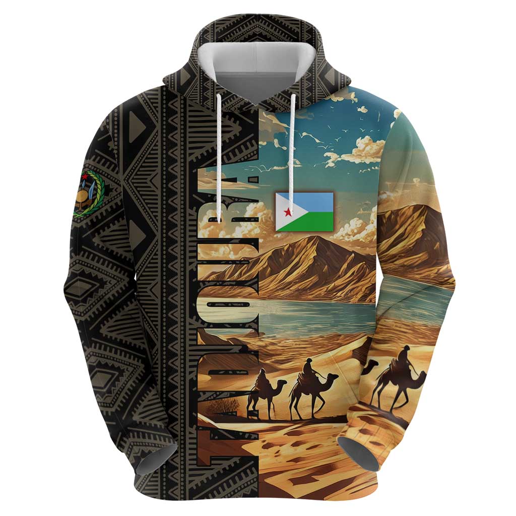 Djibouti Desert Landscape Tadjoura Hoodie with Camel Riders and Tribal Pattern Design TS04