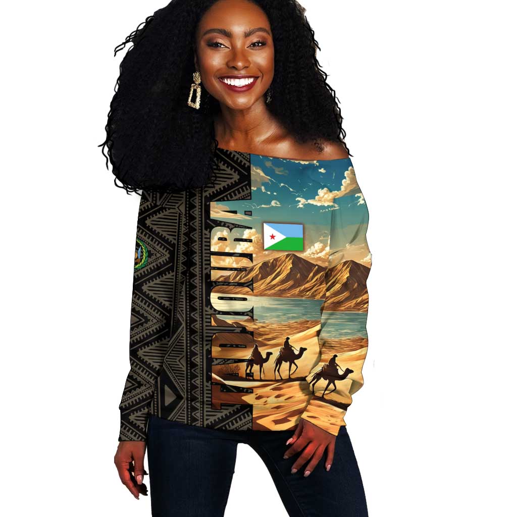 Djibouti Desert Off Shoulder Sweater Camel Riders and African Pattern TS04