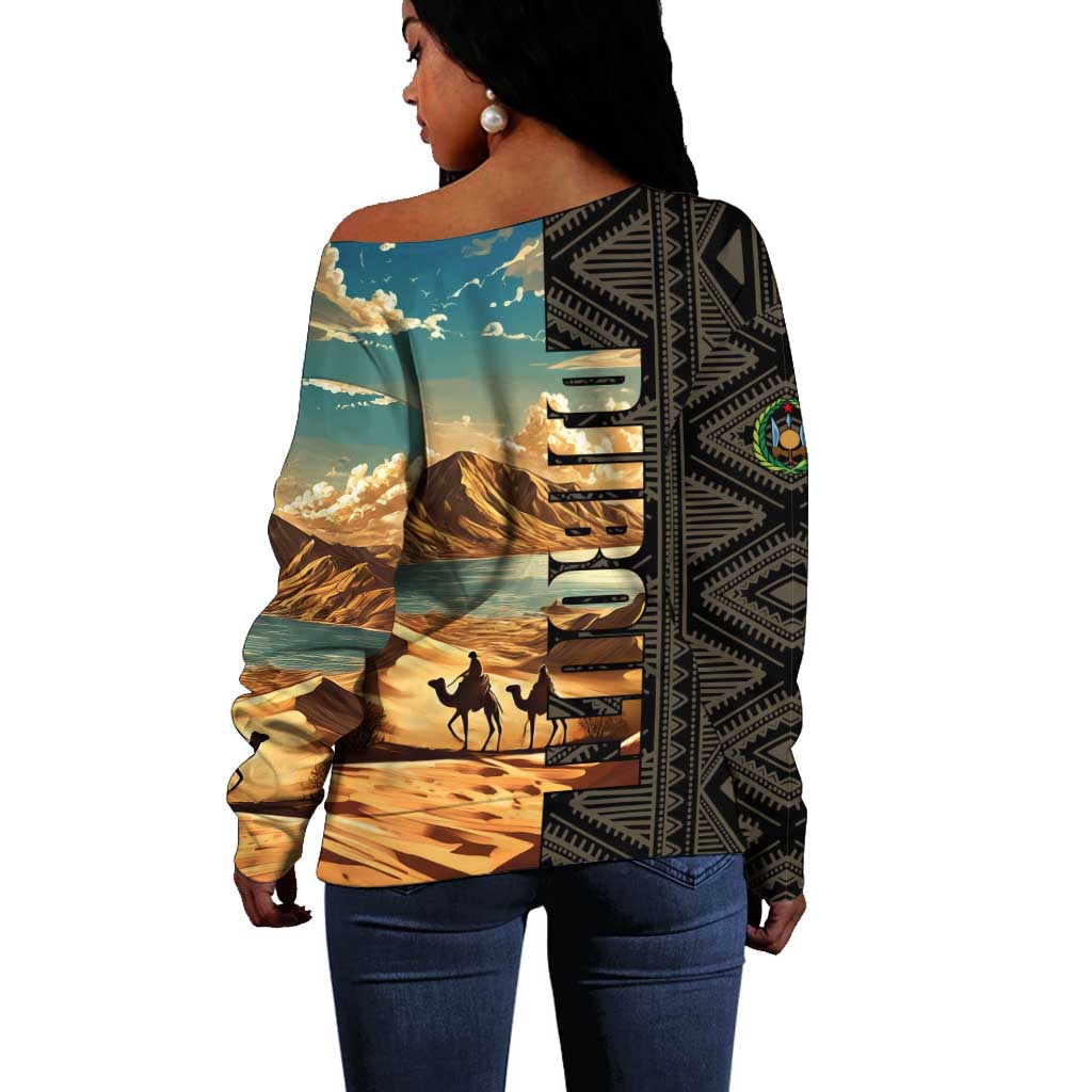Djibouti Desert Off Shoulder Sweater Camel Riders and African Pattern TS04