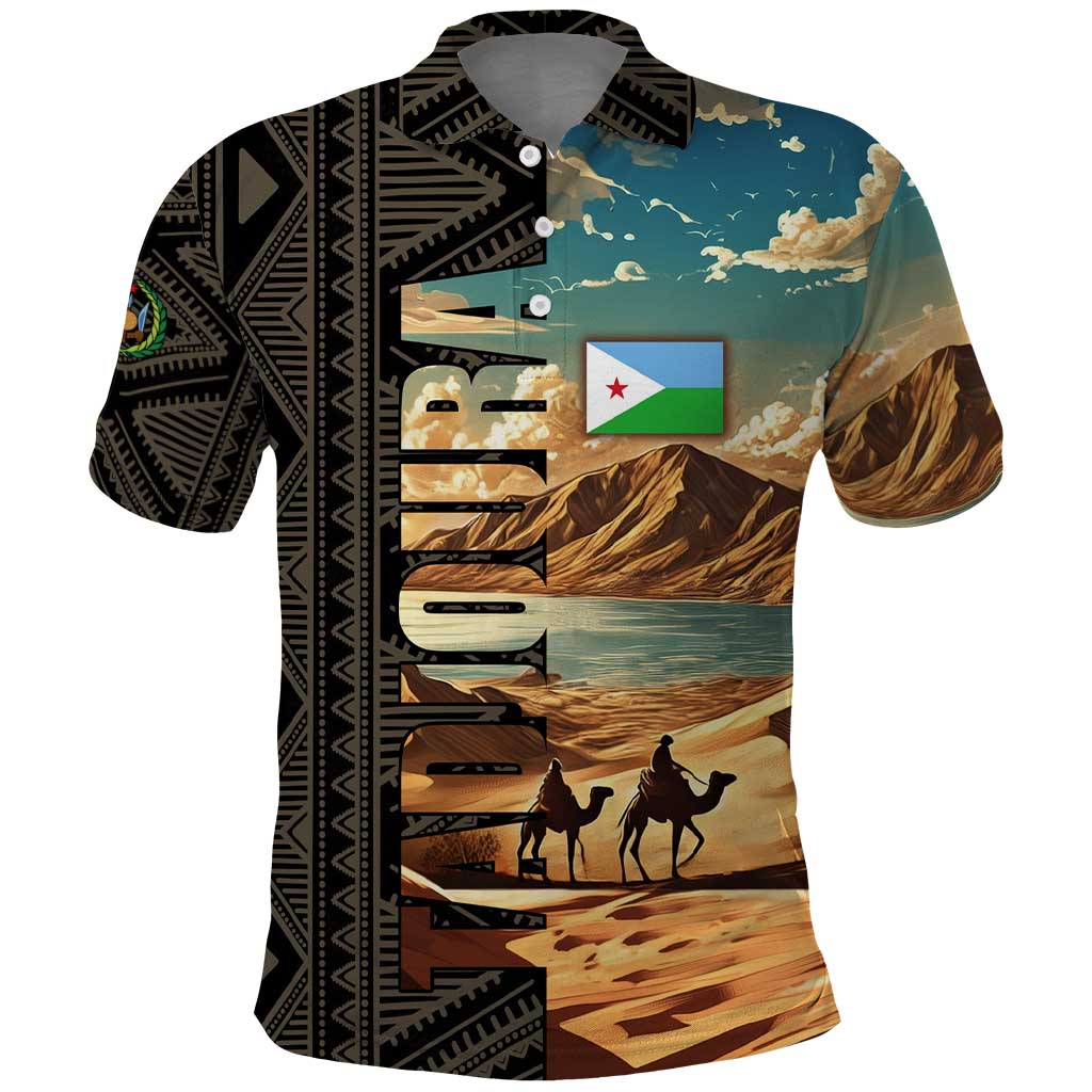 Djibouti Desert Landscape Tadjoura Polo Shirt with Camel Riders and Tribal Pattern Design TS04